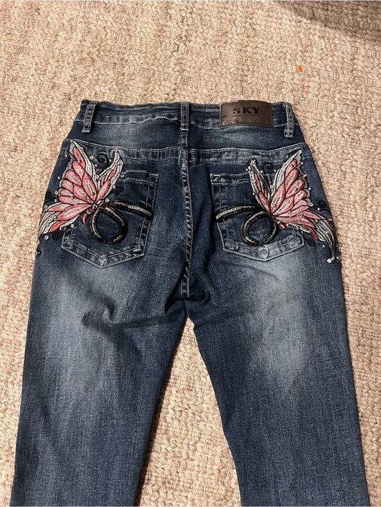 Sky Denim - SKY Women's Dark Wash Skinny Jeans with Pink Butterfly Embroidery